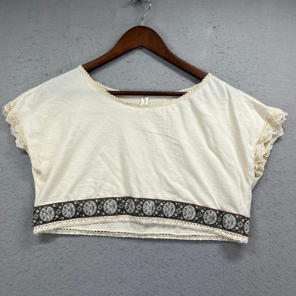 Spiritex Crop Top Womens Small Cream Lace Trim Organic Cotton Boho Chic Festival